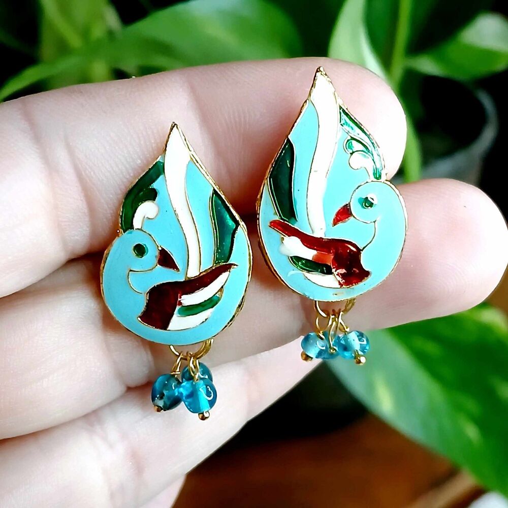 Vintage Enamel Peacock Beaded Earrings, Studs